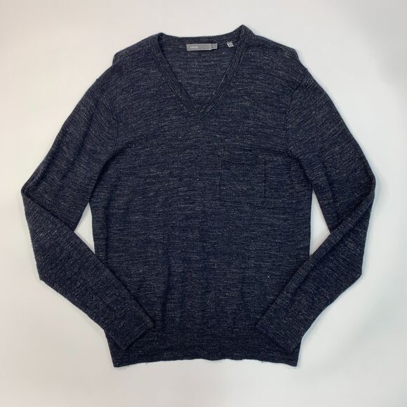 Vince Sweater Mens L Large Dark Navy Linen Wool Blend V Neck Pullover SpaceDye - Picture 2 of 12